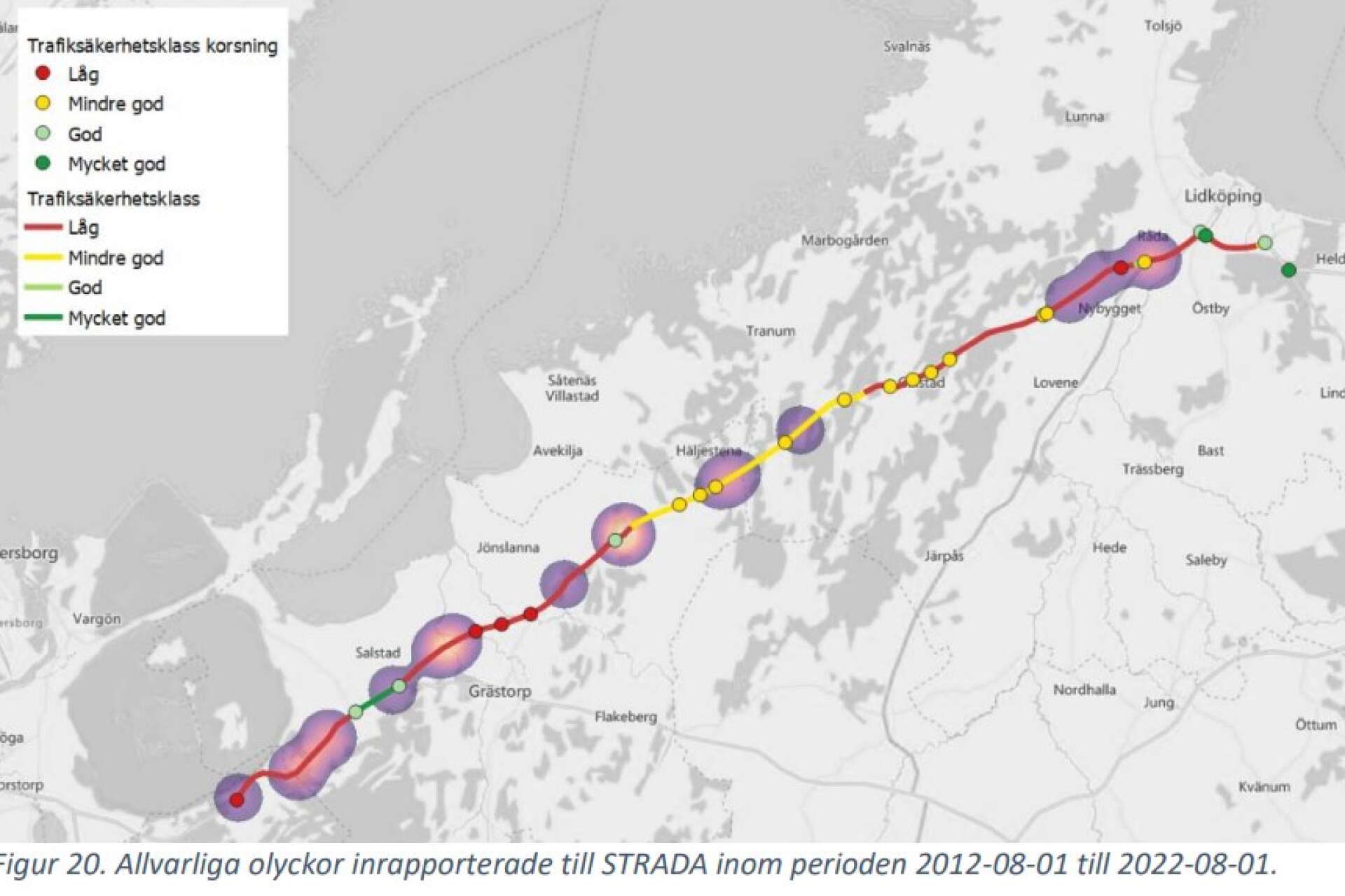 Allvarliga olyckor som är inrapporterade till Strada under perioden 2012-0801 till 2022-08-01. Få sträckor och korsningar har god trafiksäkerhet mellan Trollhättan och LIdköping, enligt illustrationen.