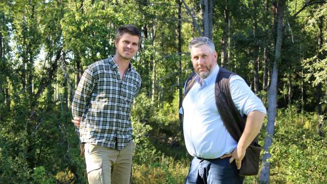 Riksdagsledamoten John Widegren (M) diskuterade jakt, vilt och skogsbruk medJohan Karlsson, ordförande i Östra Skogsdals älgskötselområde, som även är markägare. Han visar upp en lövträdsrik skog precis utanför uteplatsen vid Salebols sockenstuga.