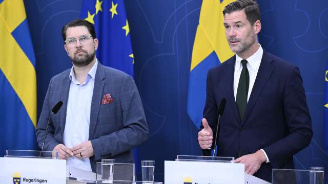 Sverigedemokraternas partiledare Jimmie Åkesson (SD) och moderate bistånds- och utrikeshandelsministern Johan Forssell (M) vid en presskonferens om biståndet till de palestinska områdena tidigare i veckan.
