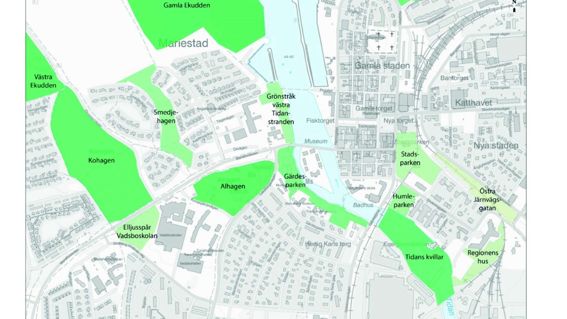 Kartan visar naturområden i Mariestads centrum.