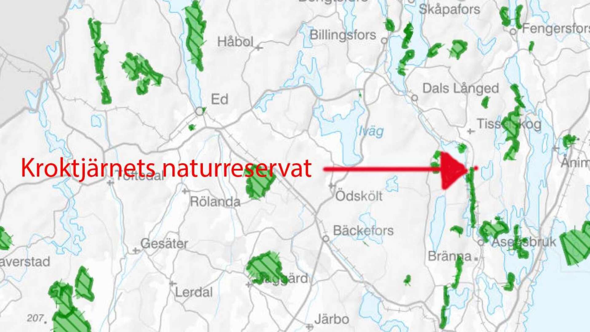 Nya Kroktjärnets naturreservat (röda pricken på kartan) ligger strax norr om Buteruds naturreservat som ligger i både  Bengtsfors och Melleruds kommun.