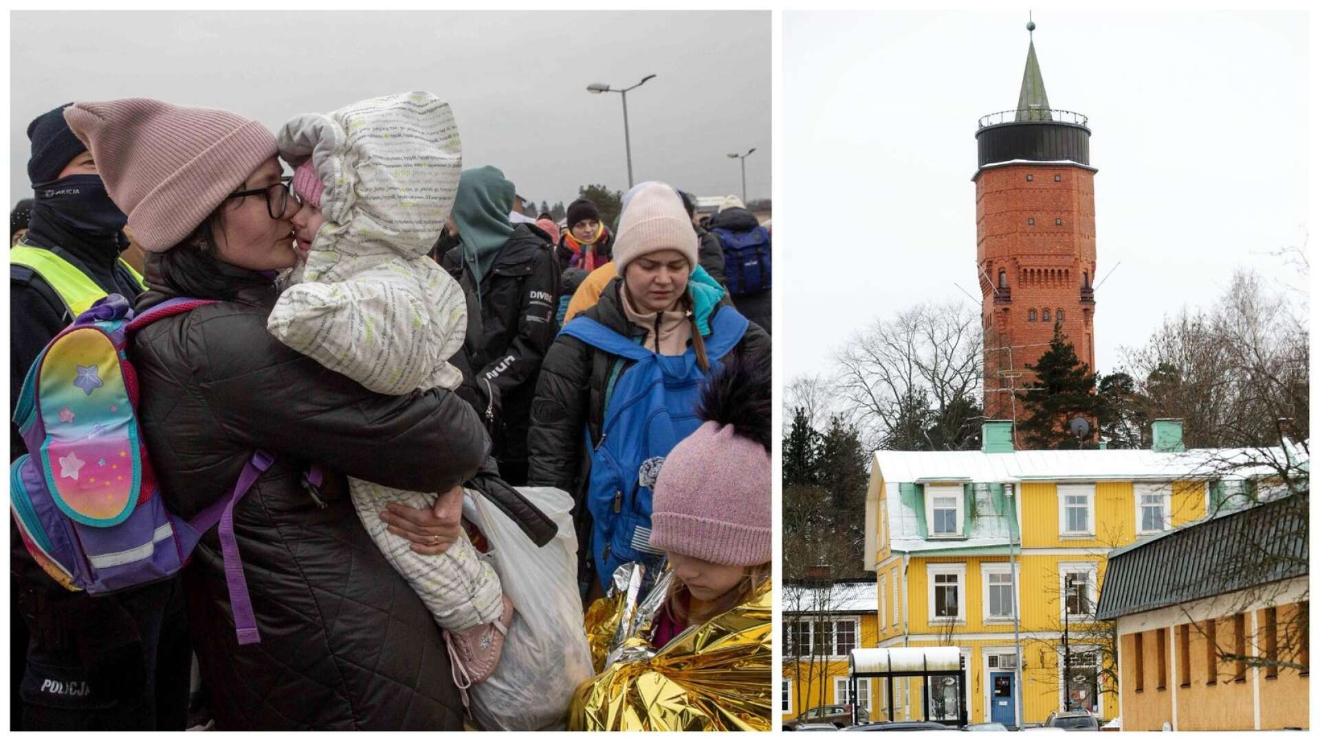 Många flyr kriget i Ukraina. Bilden till vänster, där en kvinna kramar om ett barn, är tagen på måndagen vid gränsövergången vid den polska staden Medyka. På torsdag kväll planerar Säffle kommun en manifestation vid gamla vattentornet för att visa solidaritet med Ukrainas folk.