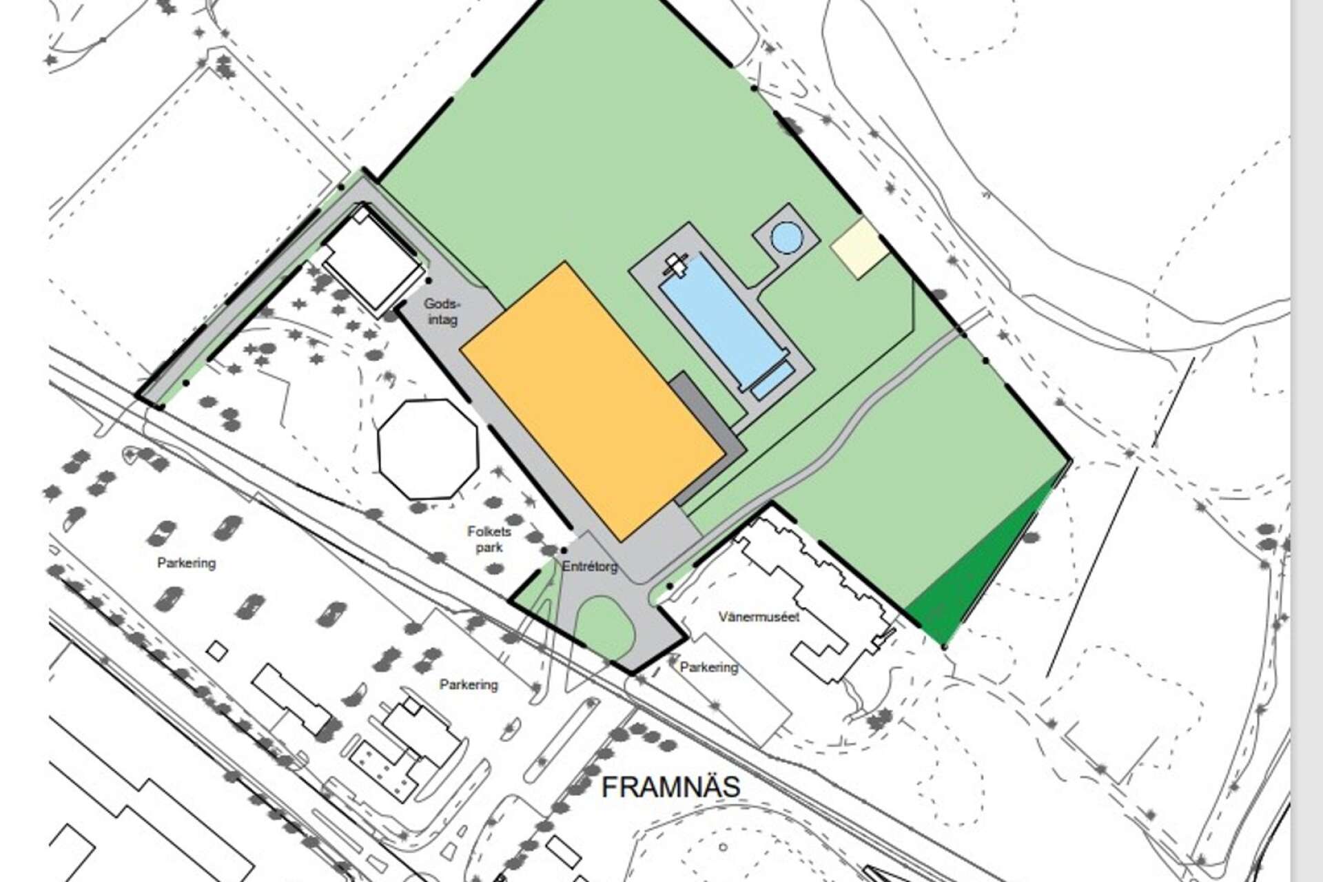 De svarta linjerna ringar in området som detaljplanen avser. Den gula fyrkanten är symbolen för det nya badhuset.