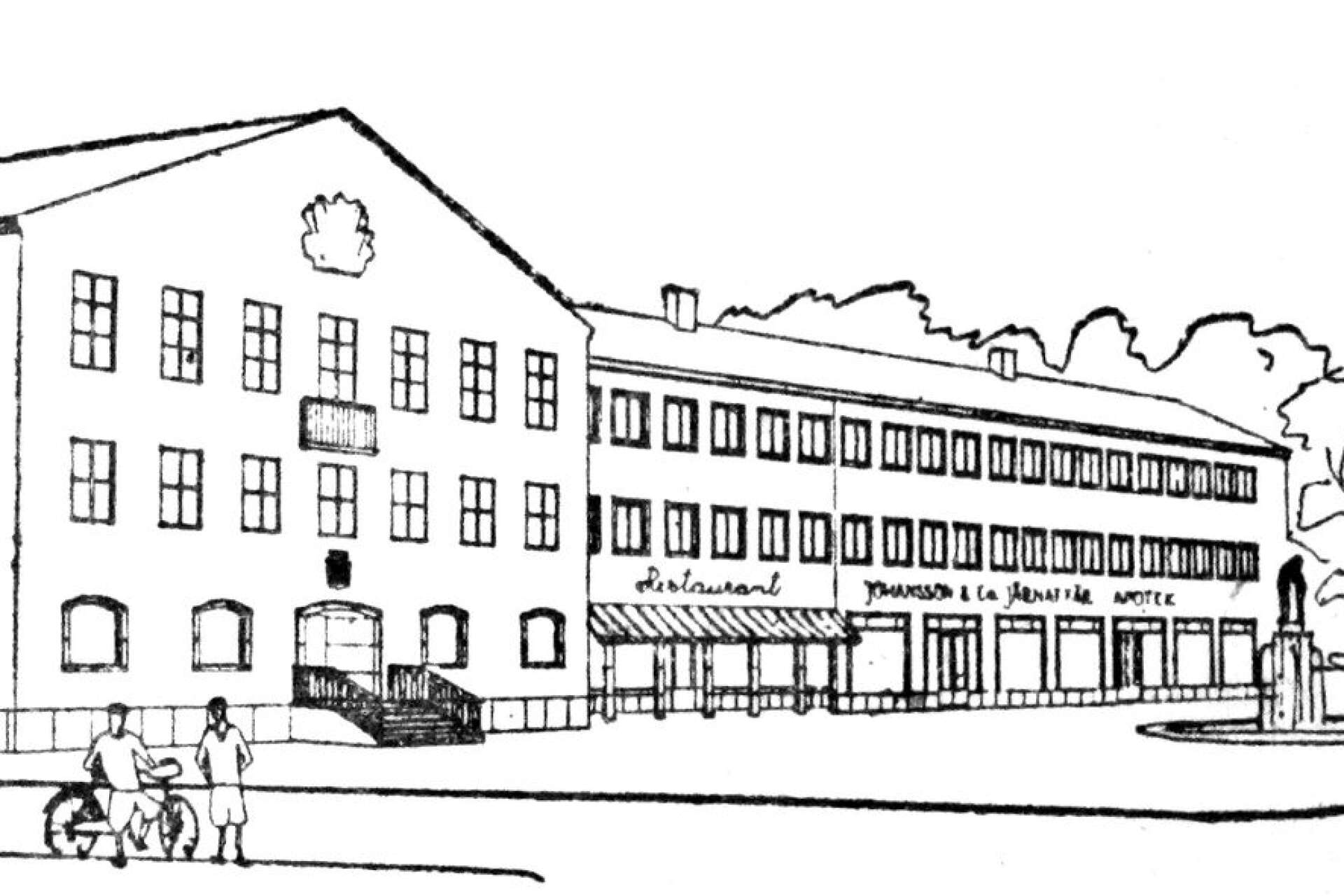                            Så här tänkte sig arkitekt Nils Einar Eriksson att stadshuset och B-huset skulle komma att se ut. Lägg märke till ordet Restaurant ovanför den lokal som i stället blev ett bankkontor. En uteservering – en loggia – ingick också i ursprungsförslaget.    