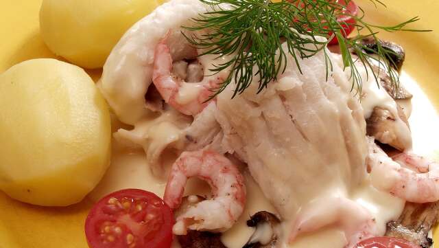 Kokt torsk med mild vitvinssås, räkor och champinjoner är mat vi har lätt att ta till oss. 