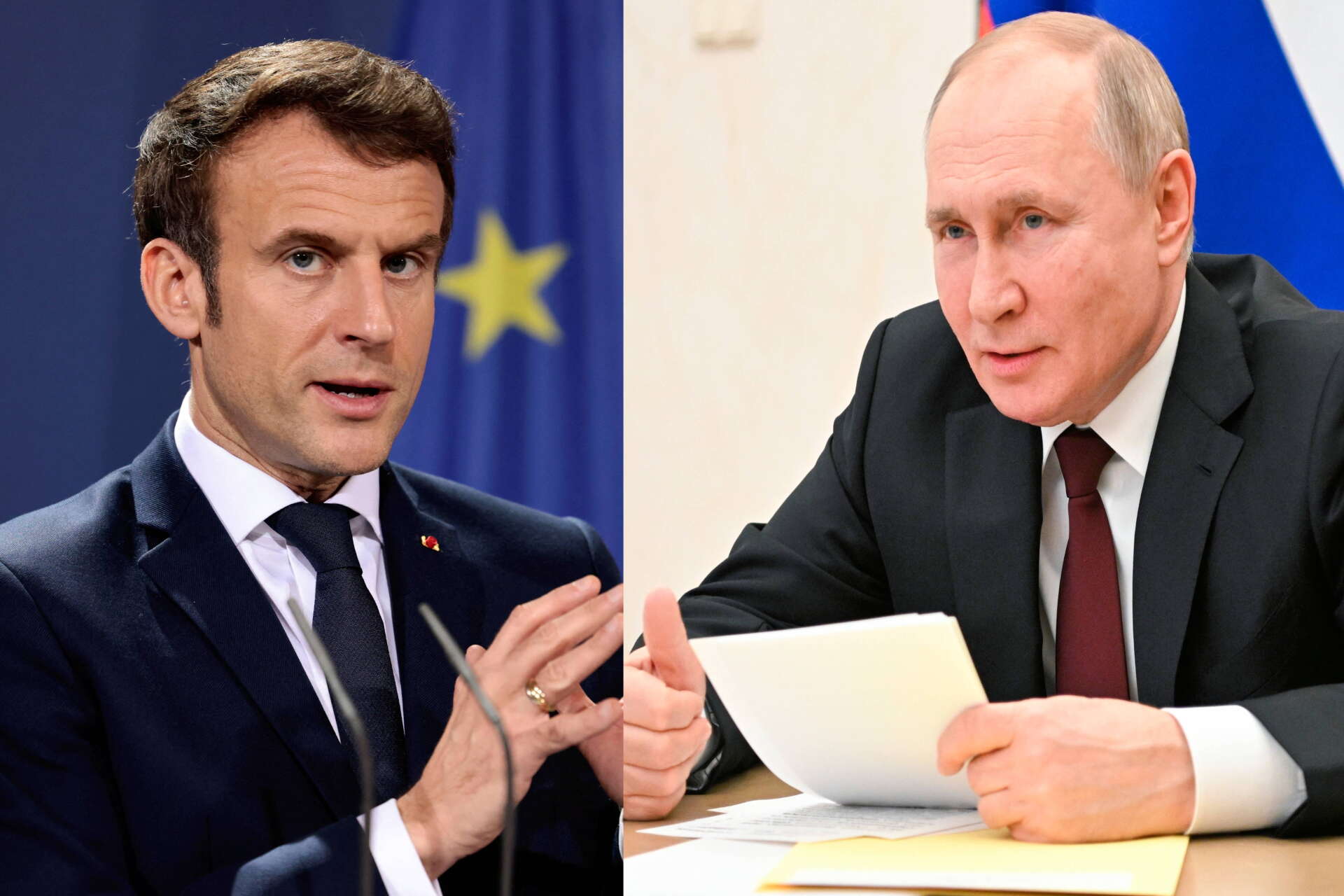 Kollage med Frankrikes president Emmanuel Macron och Rysslands president Vladimir Putin.