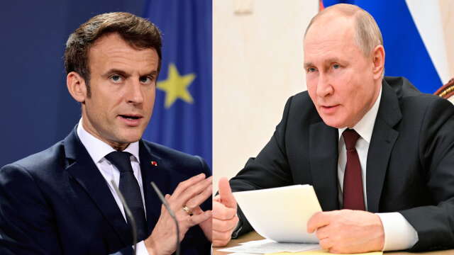 Kollage med Frankrikes president Emmanuel Macron och Rysslands president Vladimir Putin.