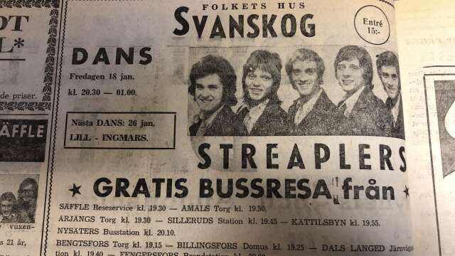 PD hade flera annonser om danser i Åmål och närområdet den 18 januari 1974. Streaplers var det stora dragplåstret och man satte in gratis buss.
