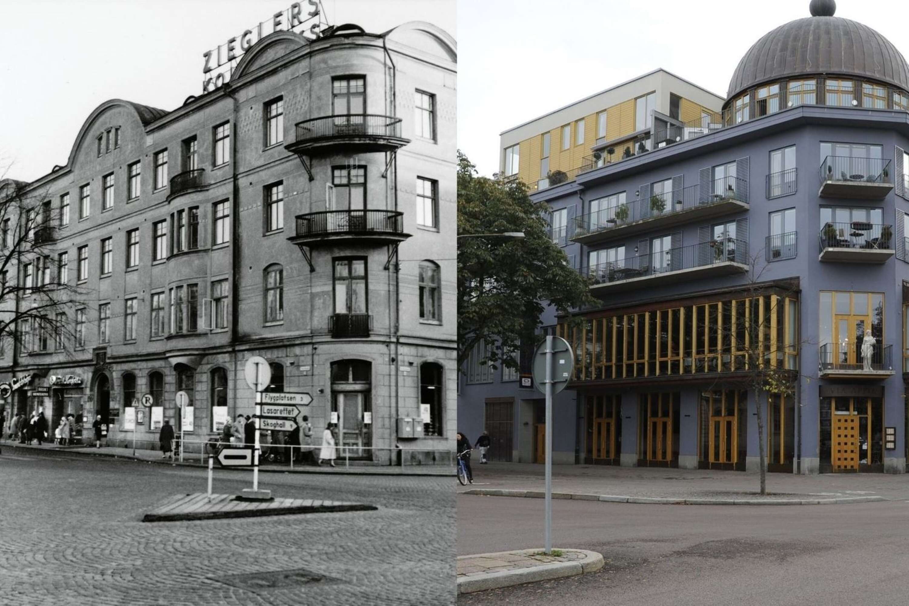 Hörnet av Tingvallagatan och Järnvägsgatan före 1962 och nutid.