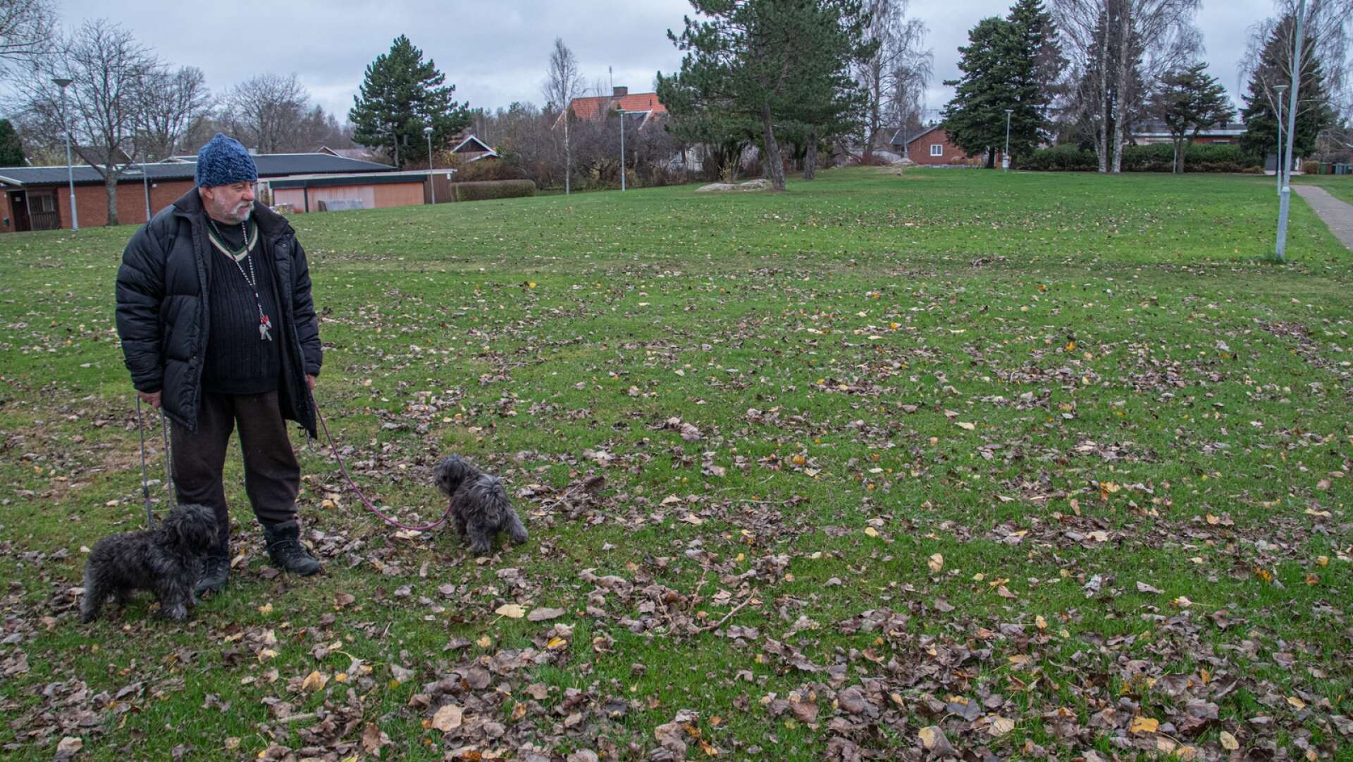 Hundrastgården ska ligga i norra delen av Kårtorpsparken. Den kommer att göra många hundägare glada, tror Jan-Olof Jemnemo, som rastar sina blandrashundar Gizmo och Tuffe. /Arkivbild