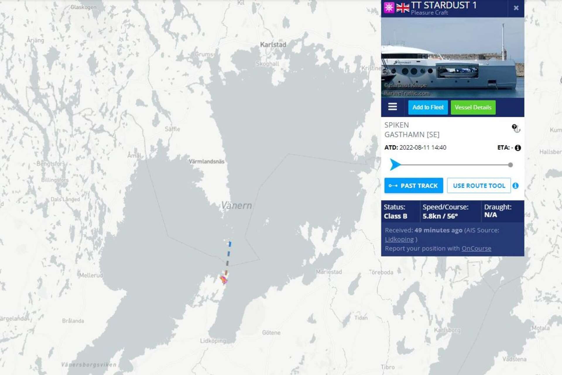 Stardust har tagit sig ner till Kållandsön. Bilden är ett skärmklipp från www.marinetraffic.com.