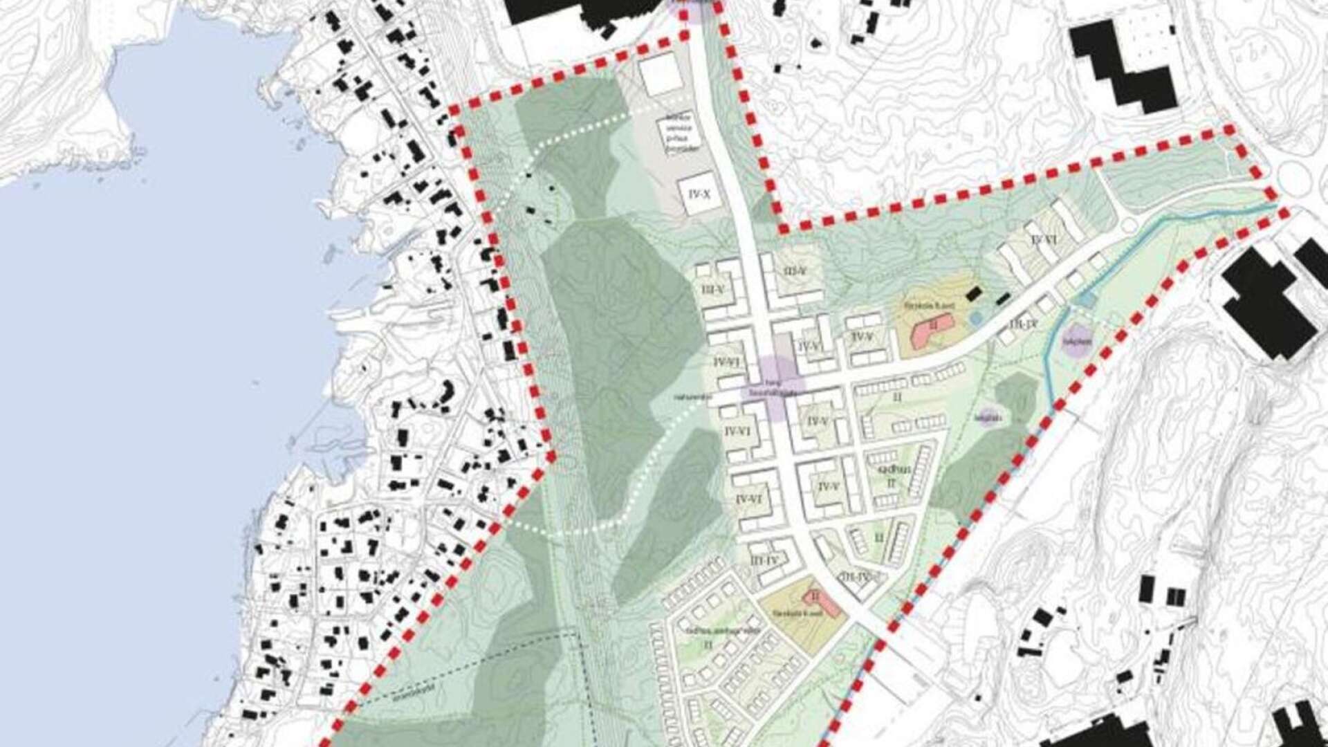 Ungefär så här är det tänkt att den nya stadsdelen Katrineberg ska utformas. Till vänster vid Vänern ses villabebyggelsen längs Frykmans väg.
