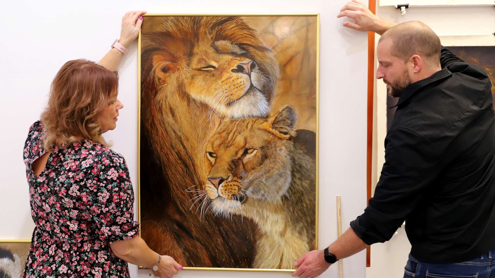 Konstnären Peter Rosén deltar i Vinterkonst med superrealistiska kattdjur, bland annat den här lejontavlan som Pernilla Carlsson och Mathias Frykholm hängde upp under fredagen. 
