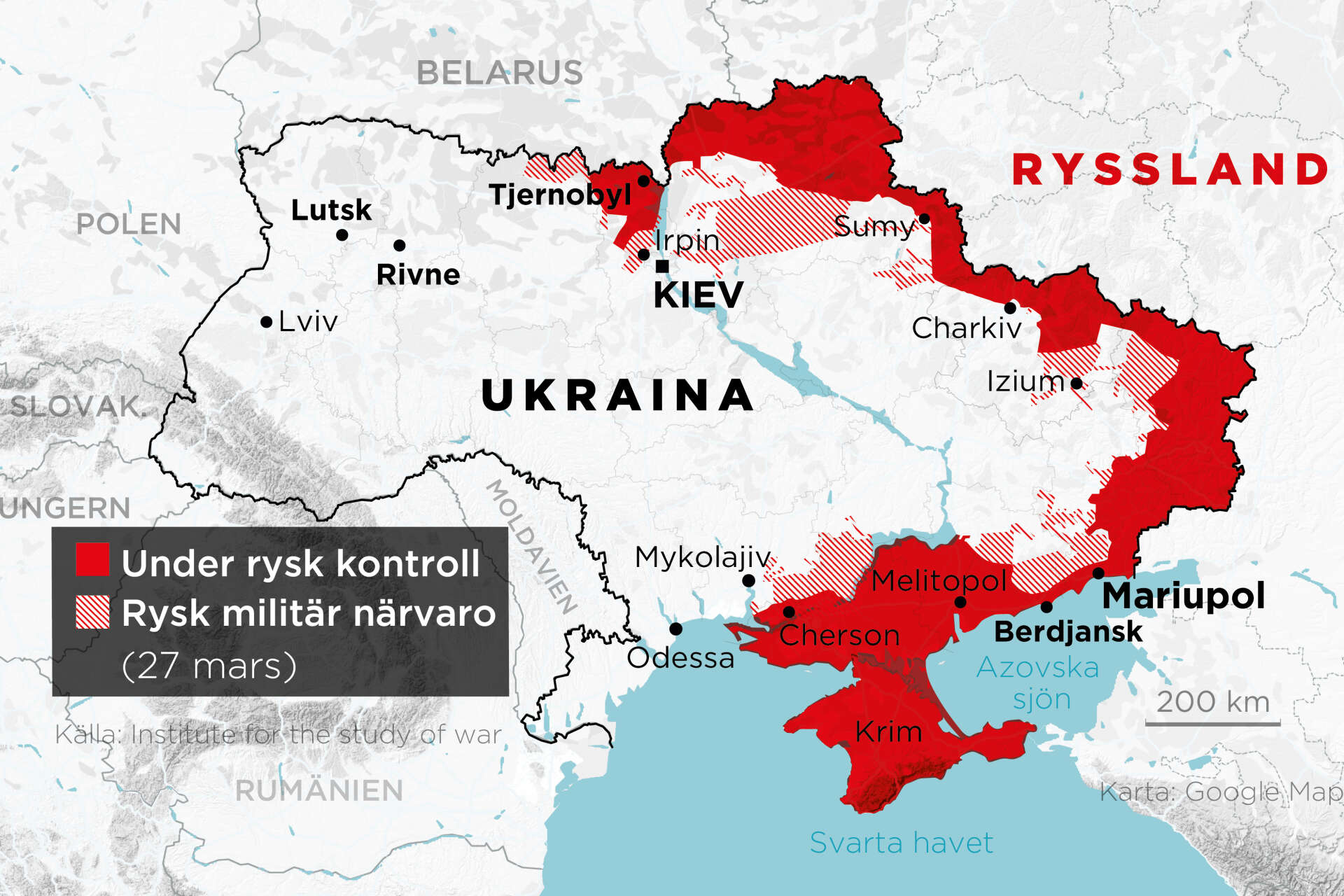 Områden under rysk kontroll samt områden med rysk militär närvaro, 24 februari–27 mars.