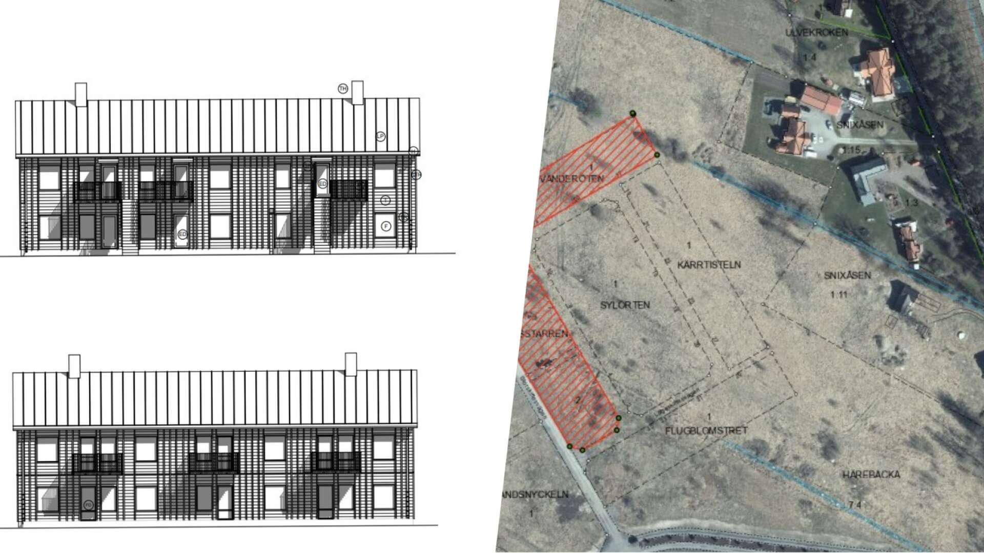 Ritningar på de planerade tvåvåningshusen i röd träpanel samt området som bostäderna ska byggas på i Askeslätt.