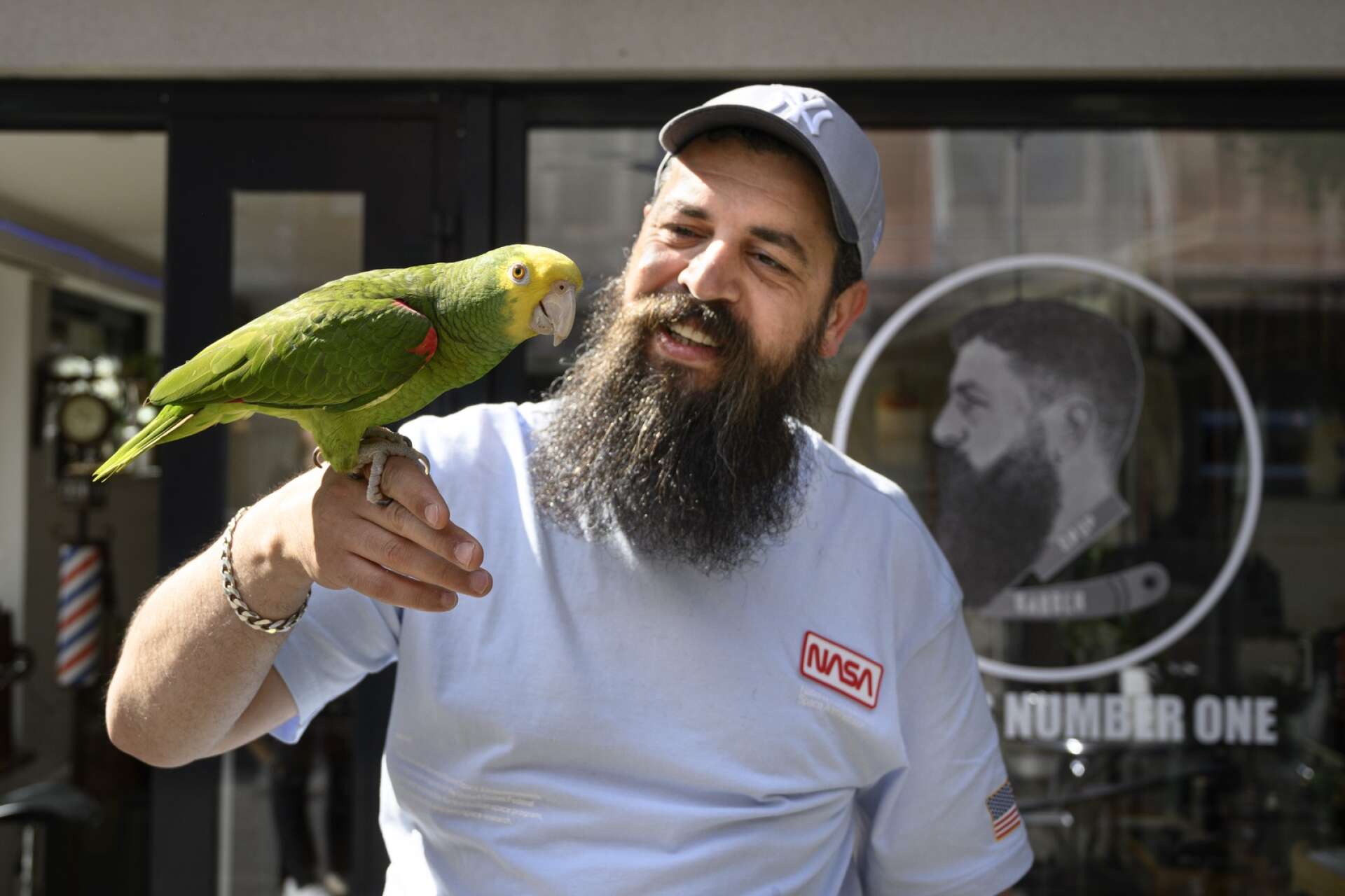 Ali Hajjar tar med sig en papegoja till jobbet på salong Vikings number one.