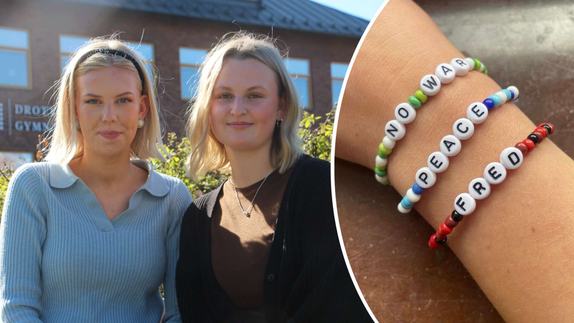 Ester Dahlqvist och Felicia Sköldeheden är två av eleverna som under några veckors tid pärlat armband till förmån för drabbade i Ukraina.