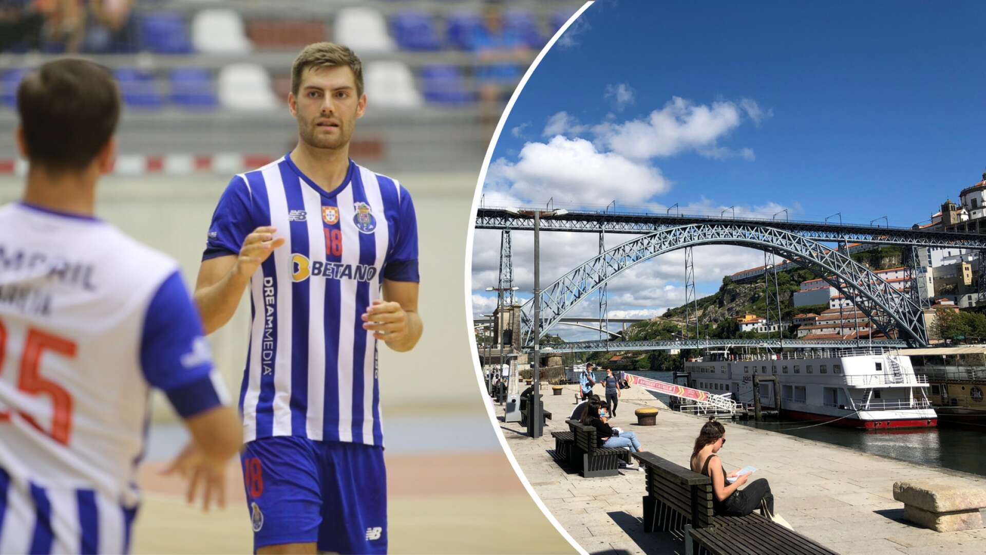Tidigare IFK Skövde-spelaren Jack Thurin trivs med livet som proffs i FC Porto i Portugal. Till höger syns Portos landmärke, bron Ponte Dom Luís I, där floden Douro rinner under.