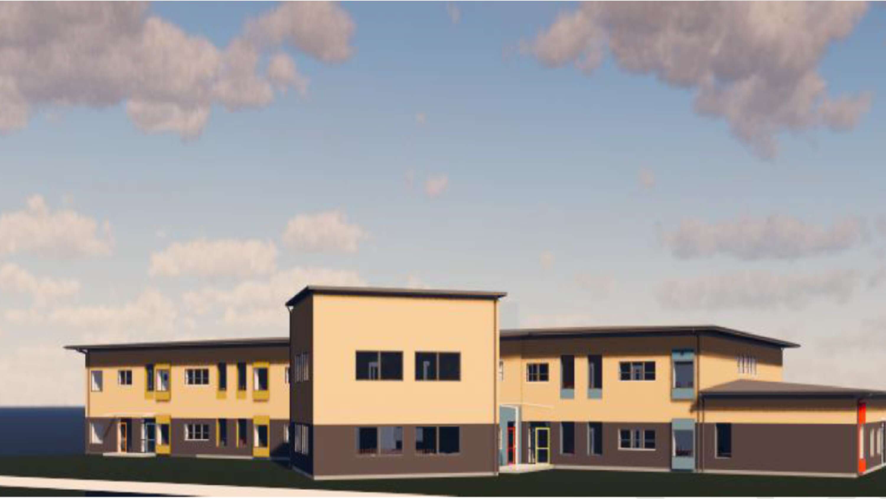 Så här kommer den nya skolbyggnaden för låg- och mellanstadiet på Nordmarkens skola att se ut när den står färdig nästa sommar.