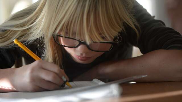 En tioårig flicka gör sin hemläxa i matematik. (Genrebild)
