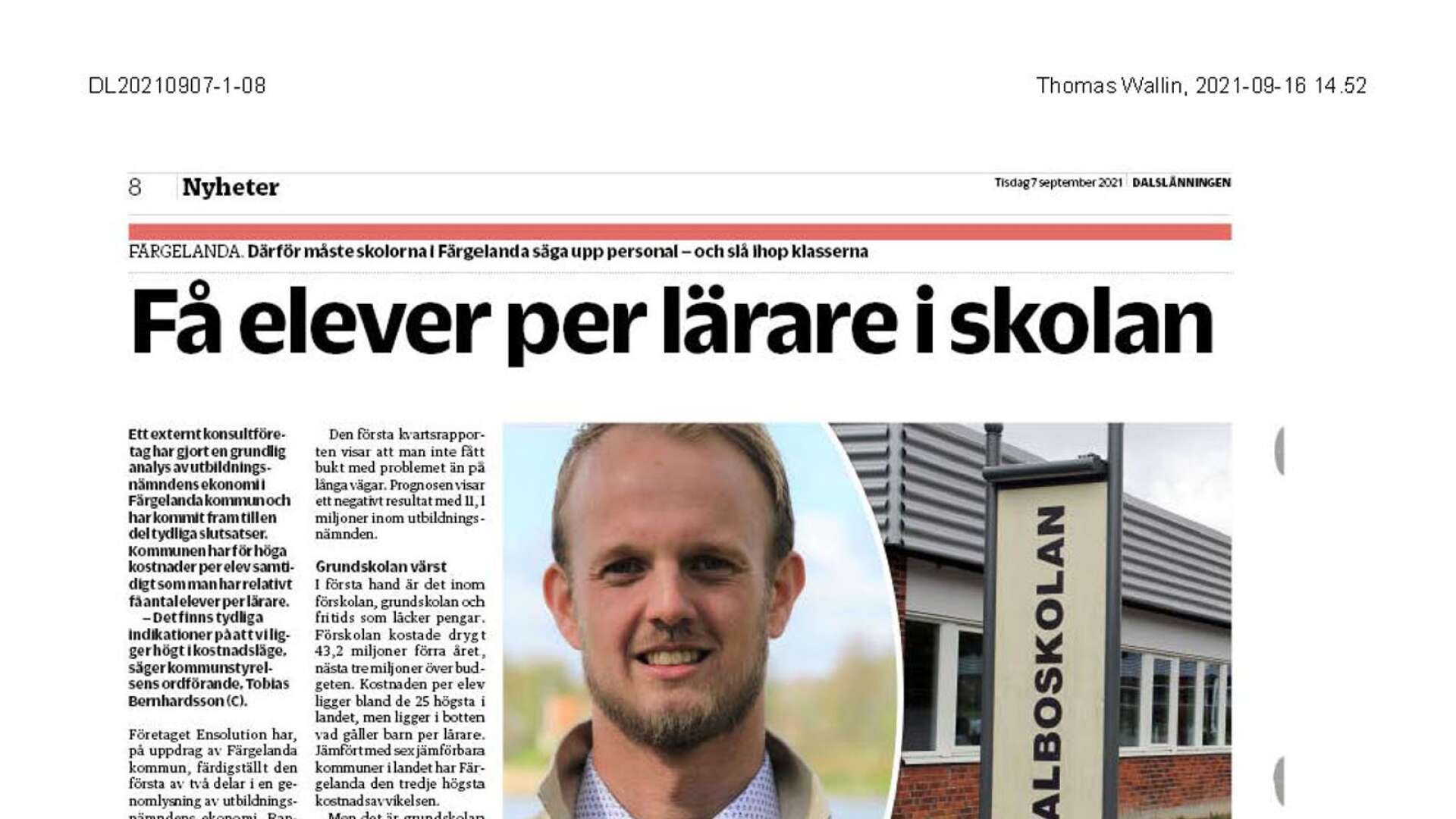 Artikeln om lärartäthet i Dalslänningen en 7 september, som nämns i insändaren.
