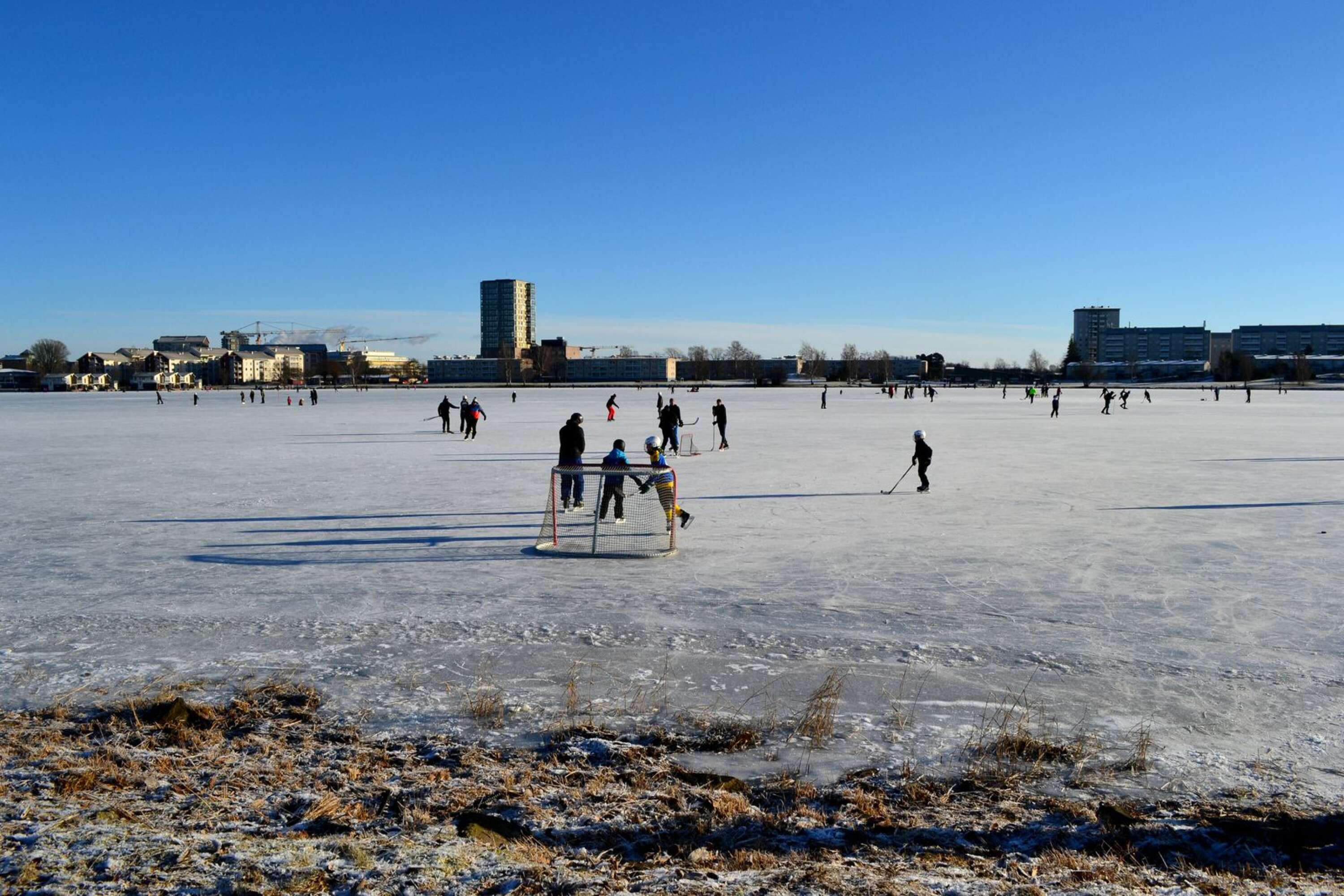 Några spelade hockey på isen.