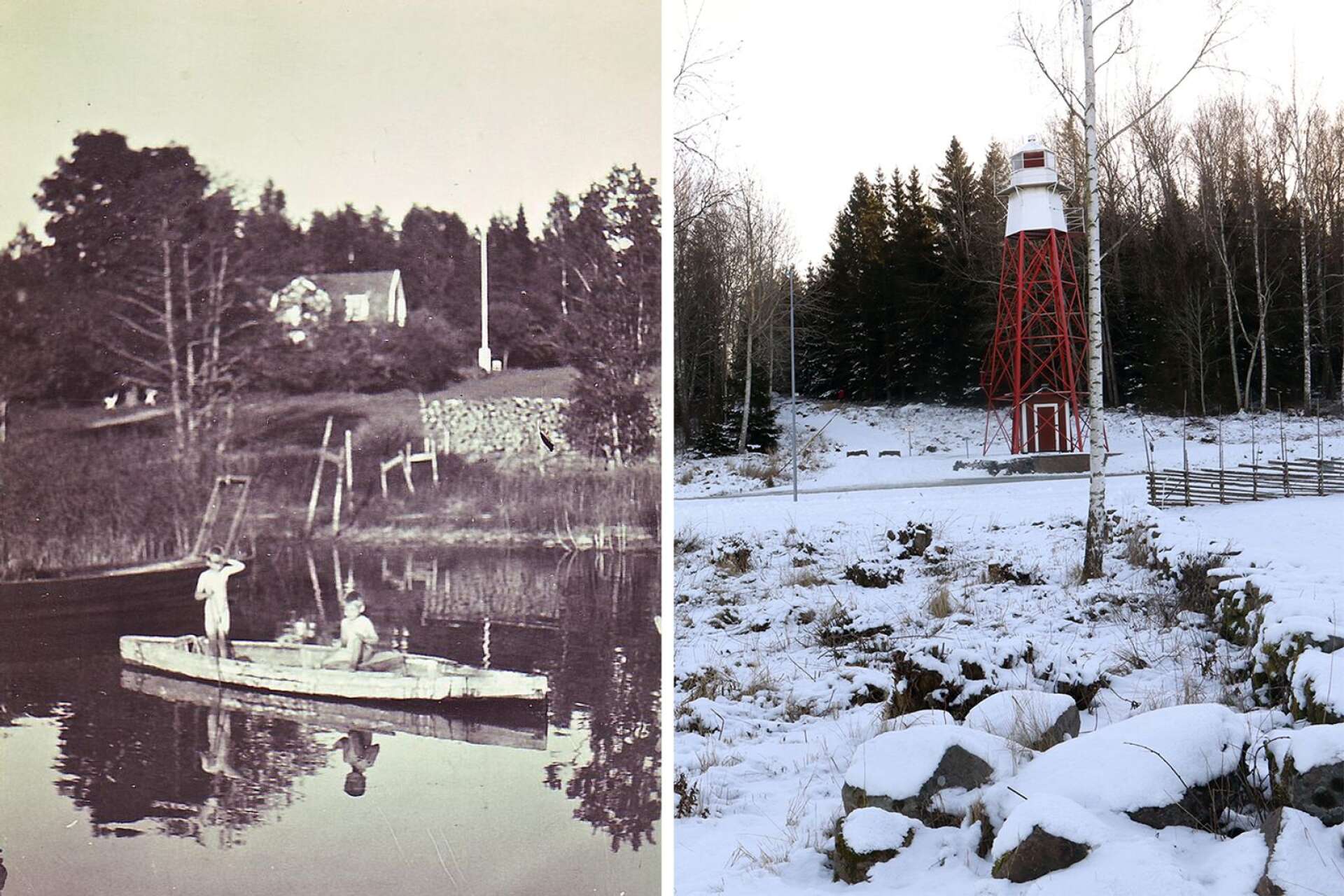 Nolhagens hamn på 1950-talet till vänster och såsom platsen ser ut i dag, till höger. Nu hoppas Mariestads fyrsällskap att vattenspegeln i området kan återskapas.