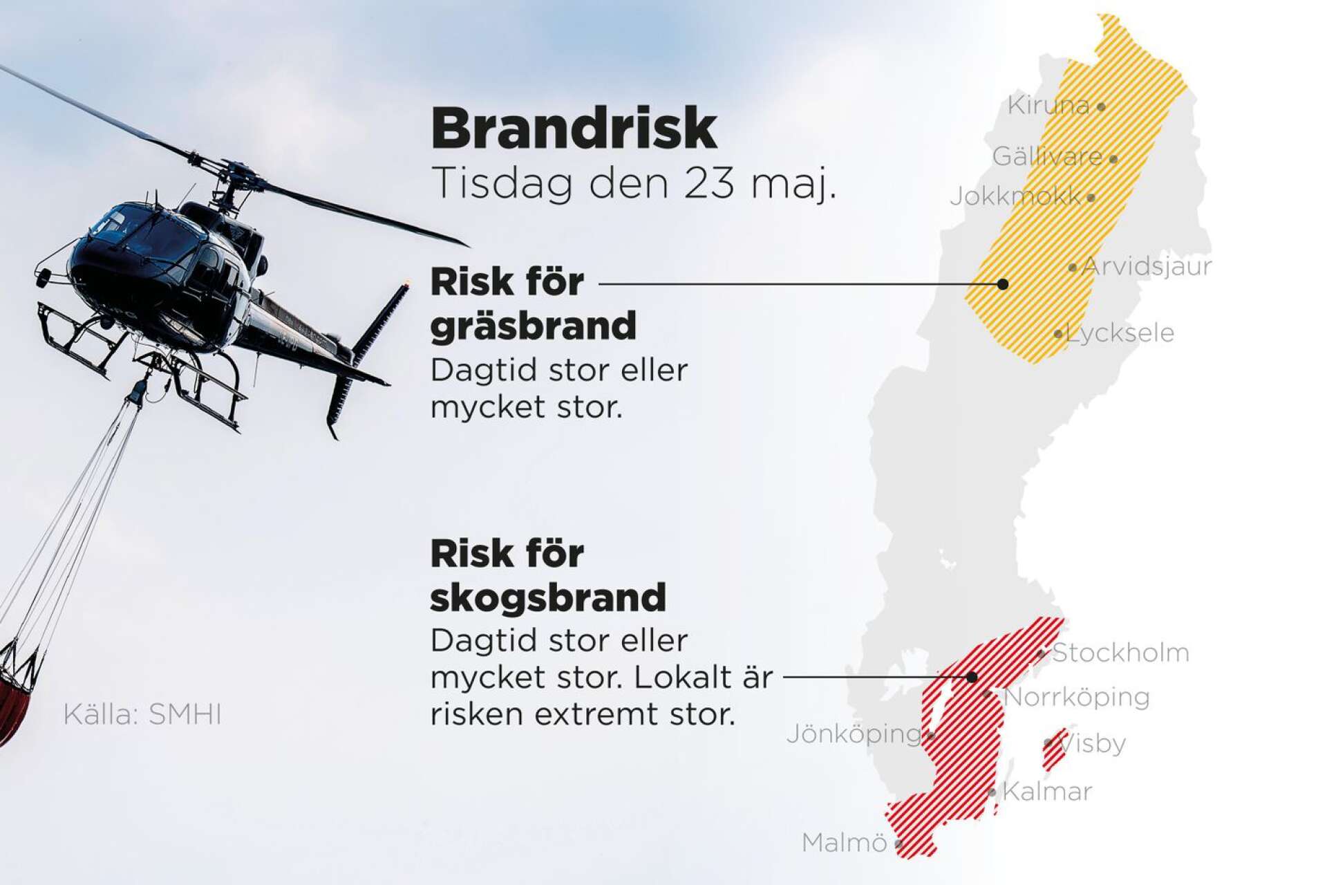 Risk för skogs- och gräsbränder i stora delar av Sverige.