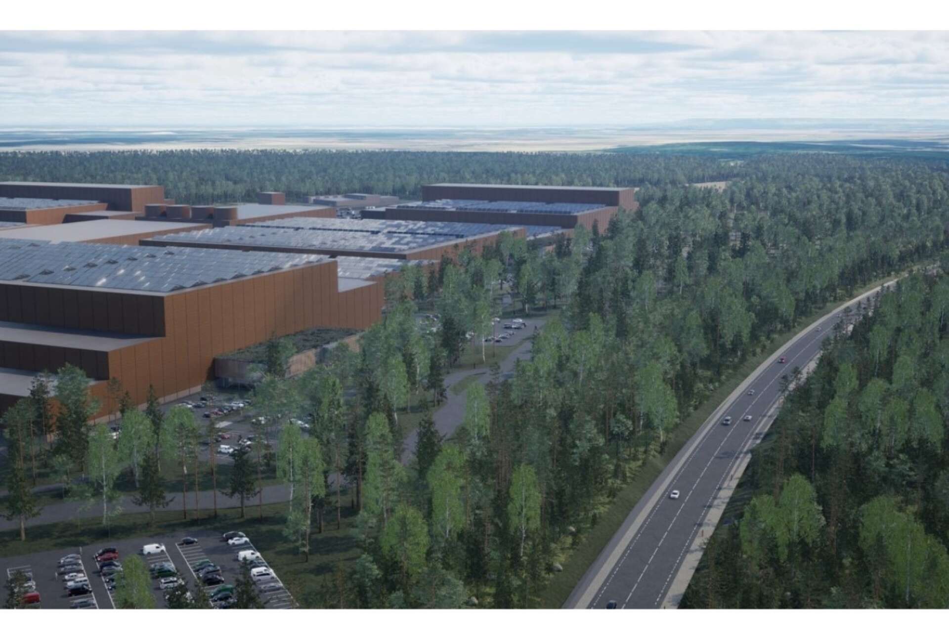 Volvo battery Mariestad operation ska bygga en battericellsfabrik. Illustrationen visar hur fabriken kan komma att se ut. Foto: Volvo BMO/Linn Malmén