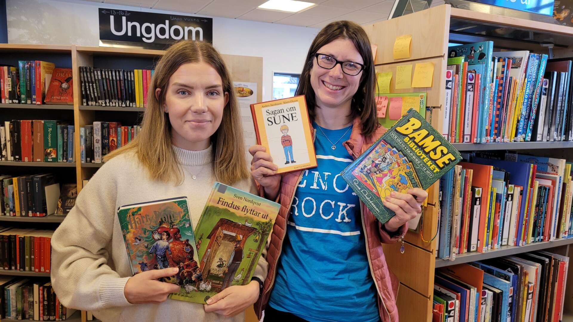 NLT:s Grästorpsredaktörer Clara Carlsson och Emma Hurtig tipsar om några av sina favoritböcker inför läsveckan: Harry Potter, Pettson och Findus, Sune-böckerna samt Bamse.