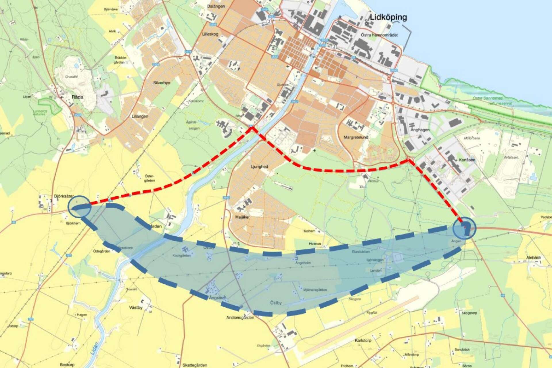 Det blå fältet visar ungefär var en ny väg 44 förbi Lidköping skulle kunna passera. Det är vad många politiker och stadsutvecklare i Lidköping drömmer om.