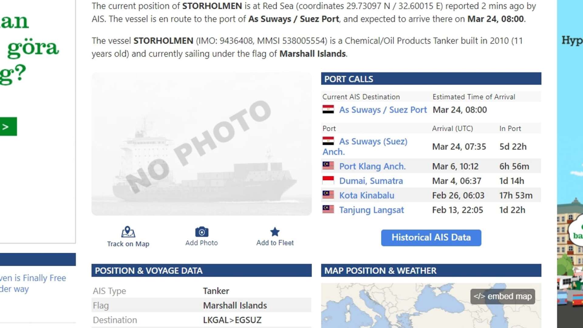 Bild från vesselfinder.com som visar var båten Storholmen finns.