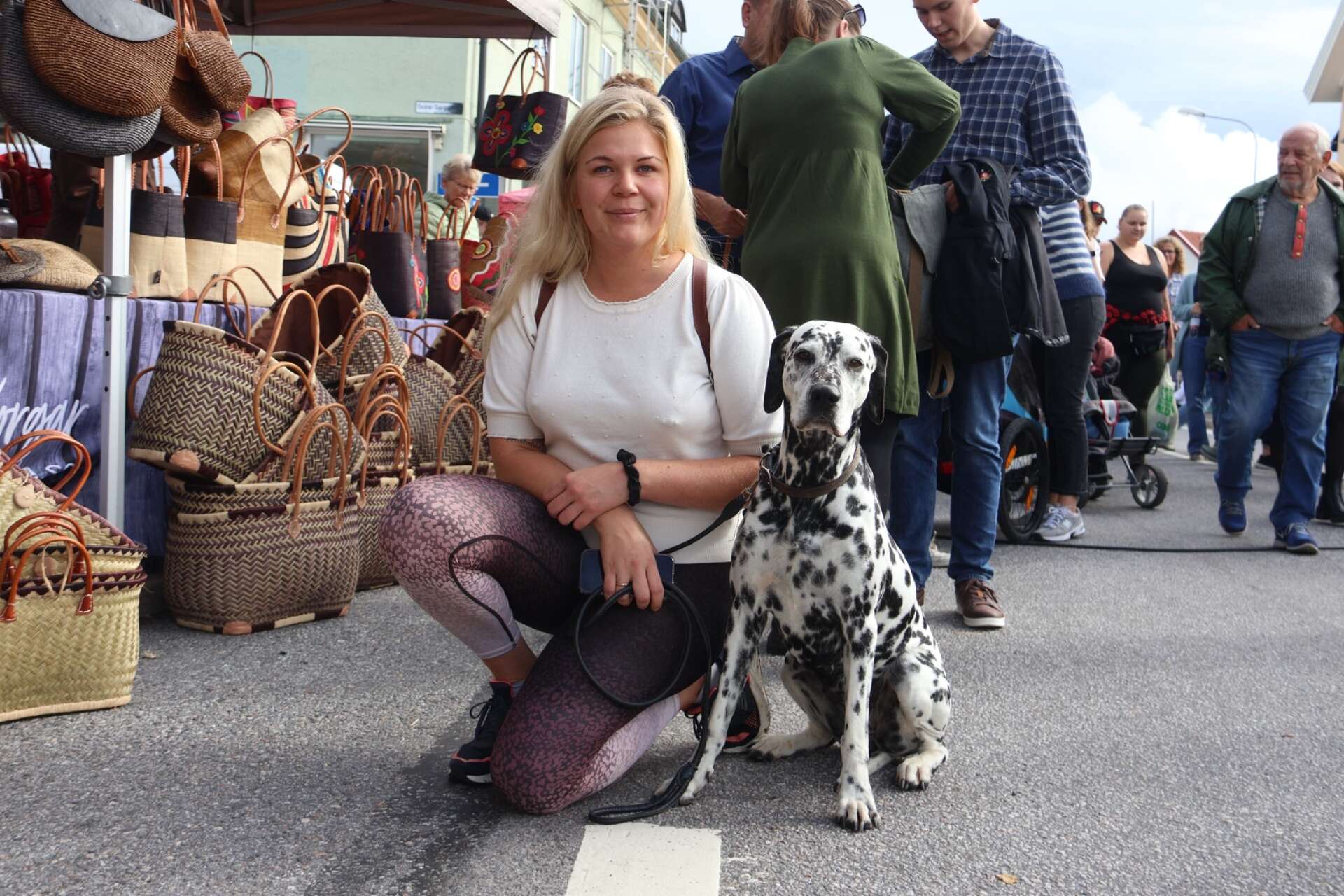 Många hundar gillar att vara på marknad, däribland Amanda Larssons dalmatiner Meja.