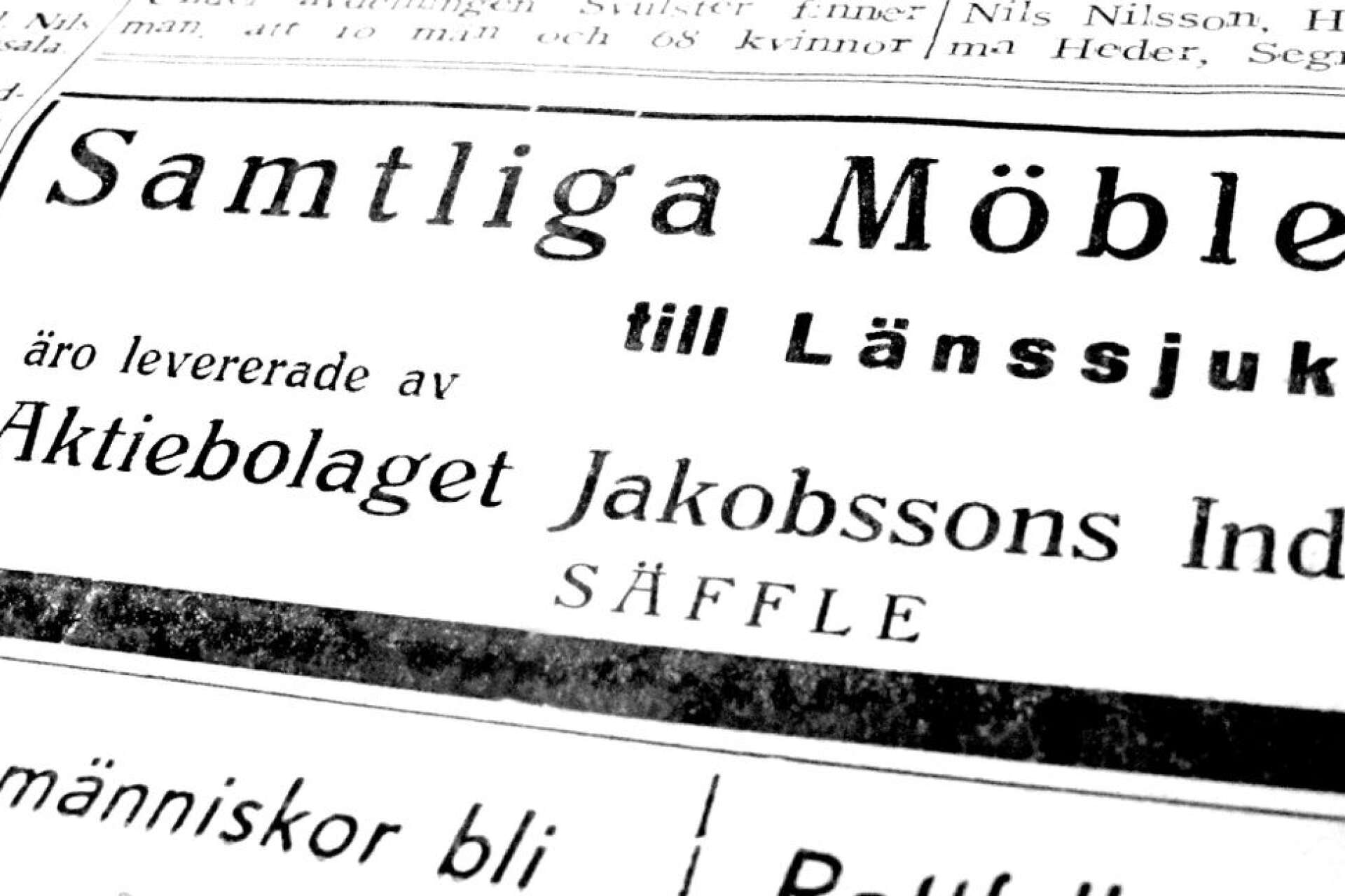 När nya länssjukhuset i Säffle stod färdigt 1940 hade samtliga möbler levererats av Jakobssons Industrier. 