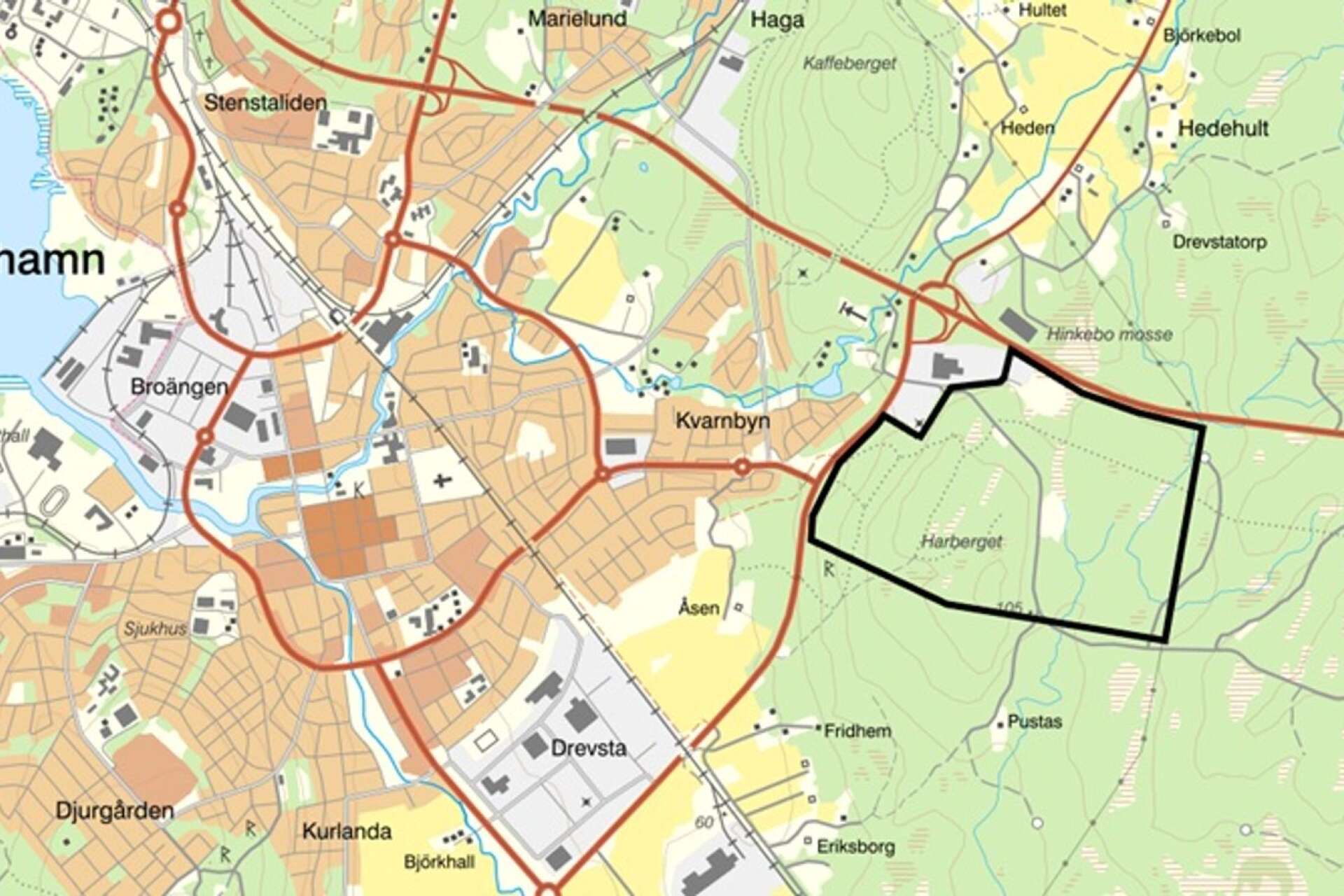 Detaljplanen omfattar det markerade området på Harberget.