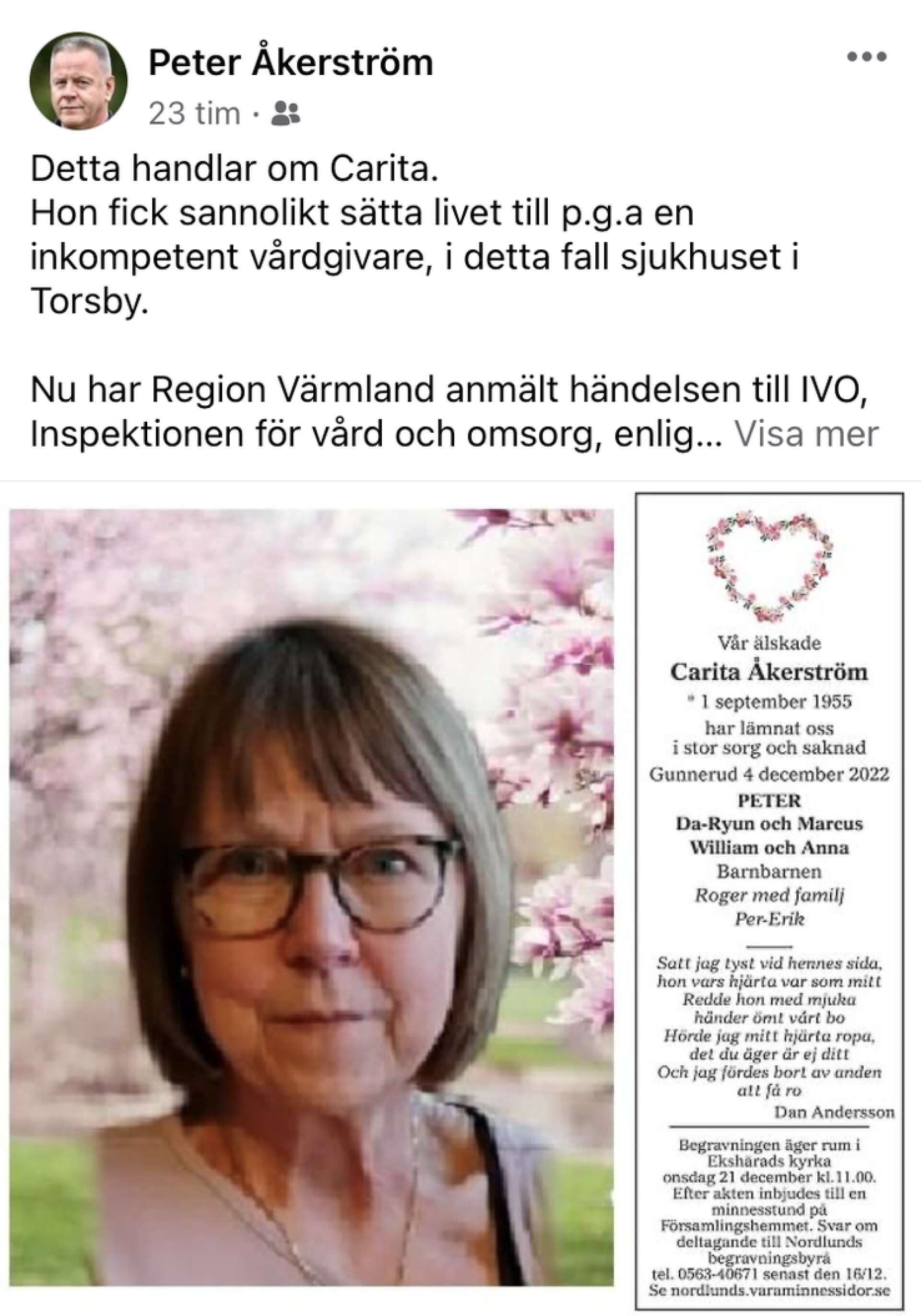 Peter Åkerström har också berättat på Facebook om den tragiska händelsen.