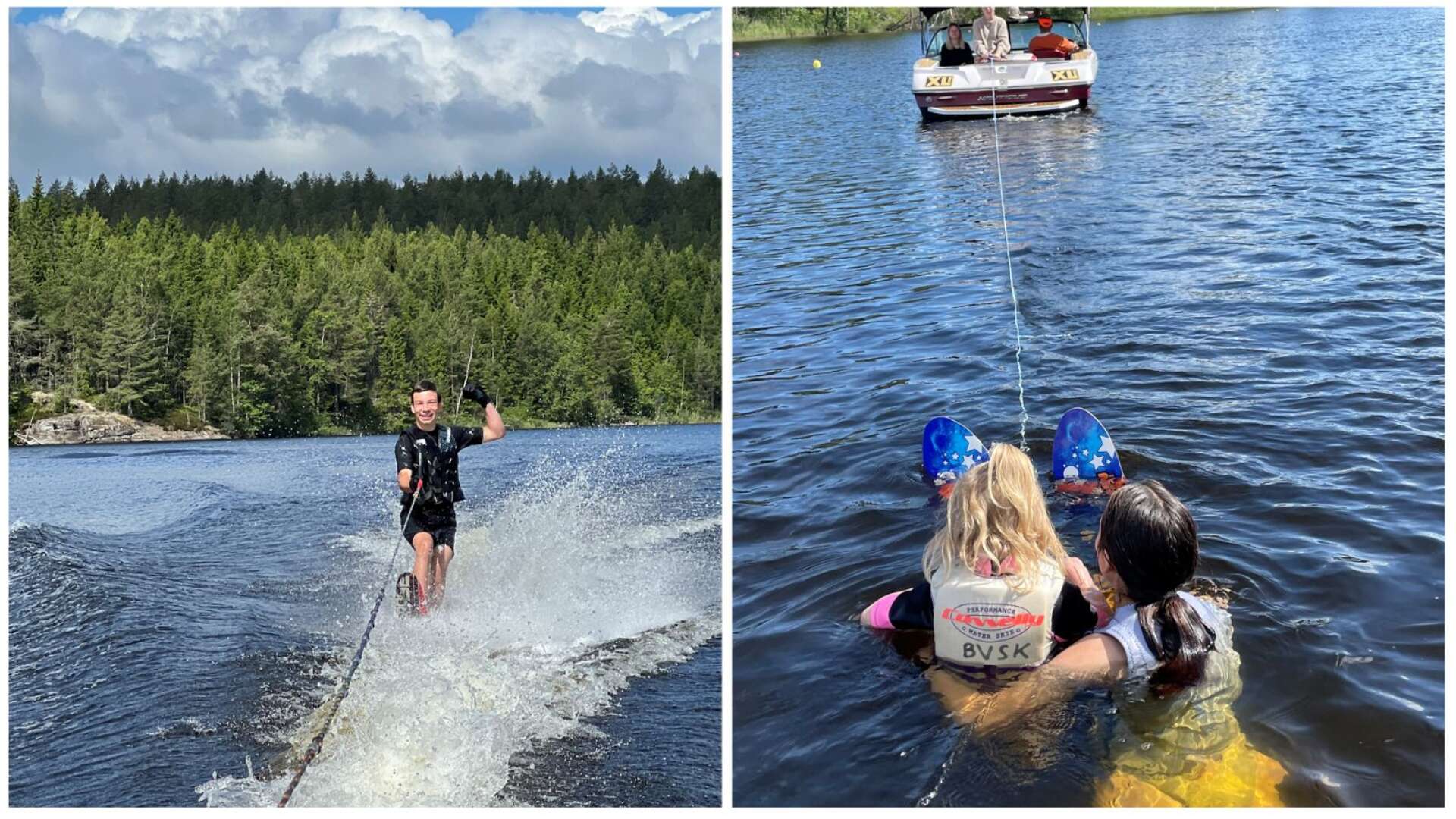 Till vänster: Lucas kom upp på en skida. Till höger: Ella hjälper en elev från vattnet.