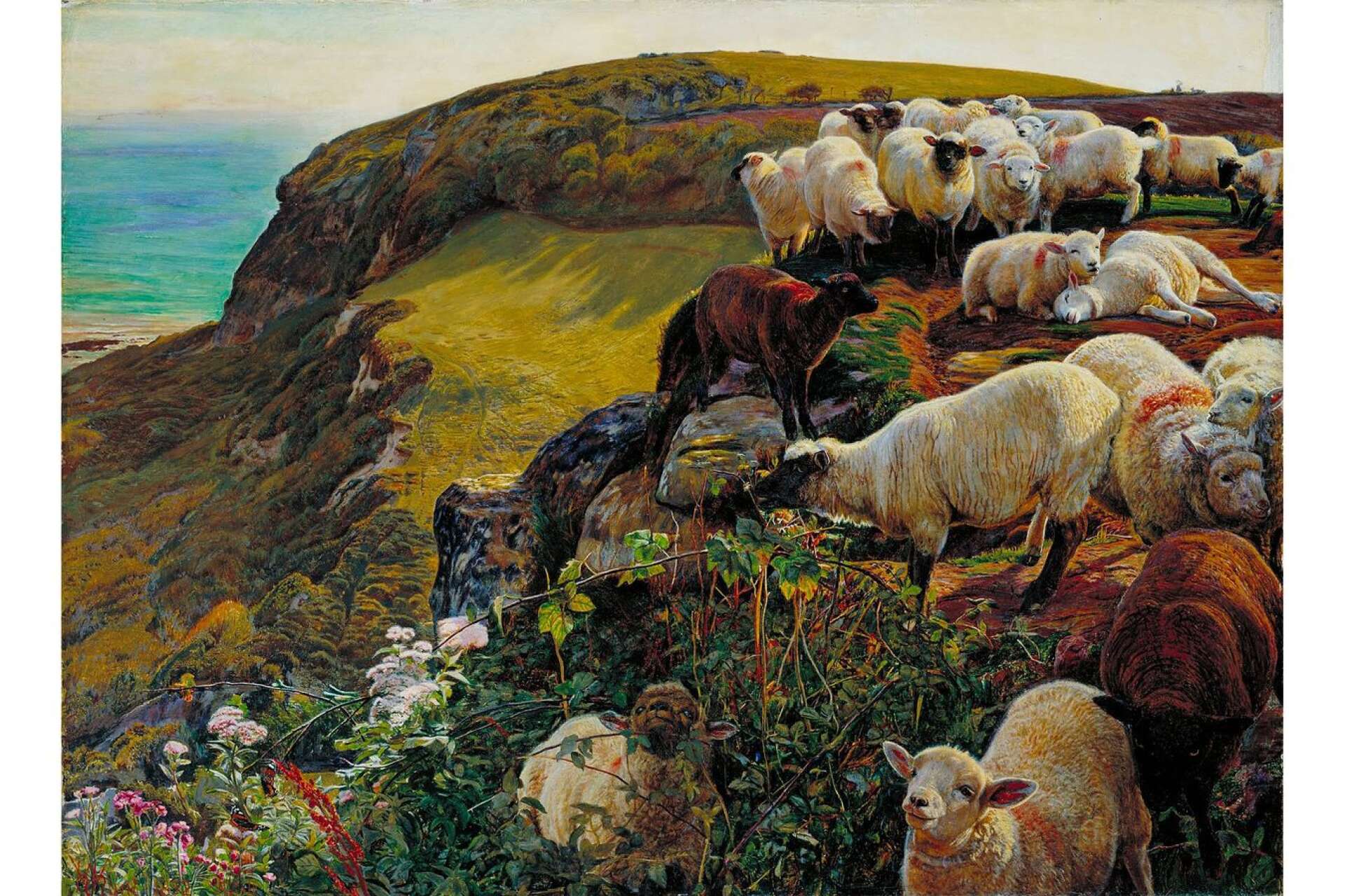 Our English Coasts kom med tiden att ses som en vanlig landskapsbild. Ursprungligen gjorde dock Holman Hunt den som en upprörd kommentar över påvens försök att påverka den engelska kyrkan, symboliserad av de vita fåren med röd färg målad på sig. Vad symboliserar påven i bilden, tror du?