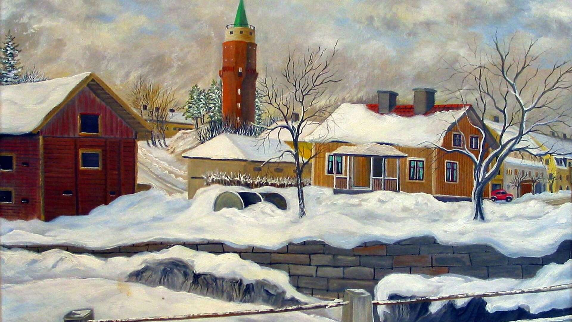 Målningen är från 1951 och konstnären hette Westholm. Mitt i blickfånget ses Lotsstugan, som var Säffles kommunhus innan stadshuset stod färdigt 1954. Till vänster ses en del av det röda trämagasinet.
