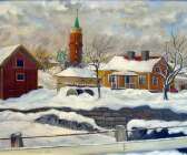 Målningen är från 1951 och konstnären hette Westholm. Mitt i blickfånget ses Lotsstugan, som var Säffles kommunhus innan stadshuset stod färdigt 1954. Till vänster ses en del av det röda trämagasinet.