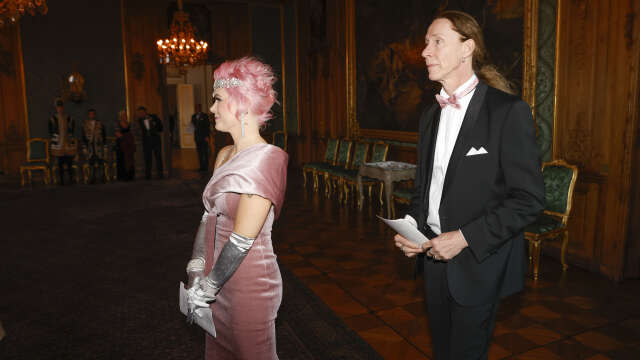 Martin E-Type Eriksson med flickvännen Melinda Jacobs på Sverigemiddagen på Stockholms slott i april i fjol. Arkivbild.