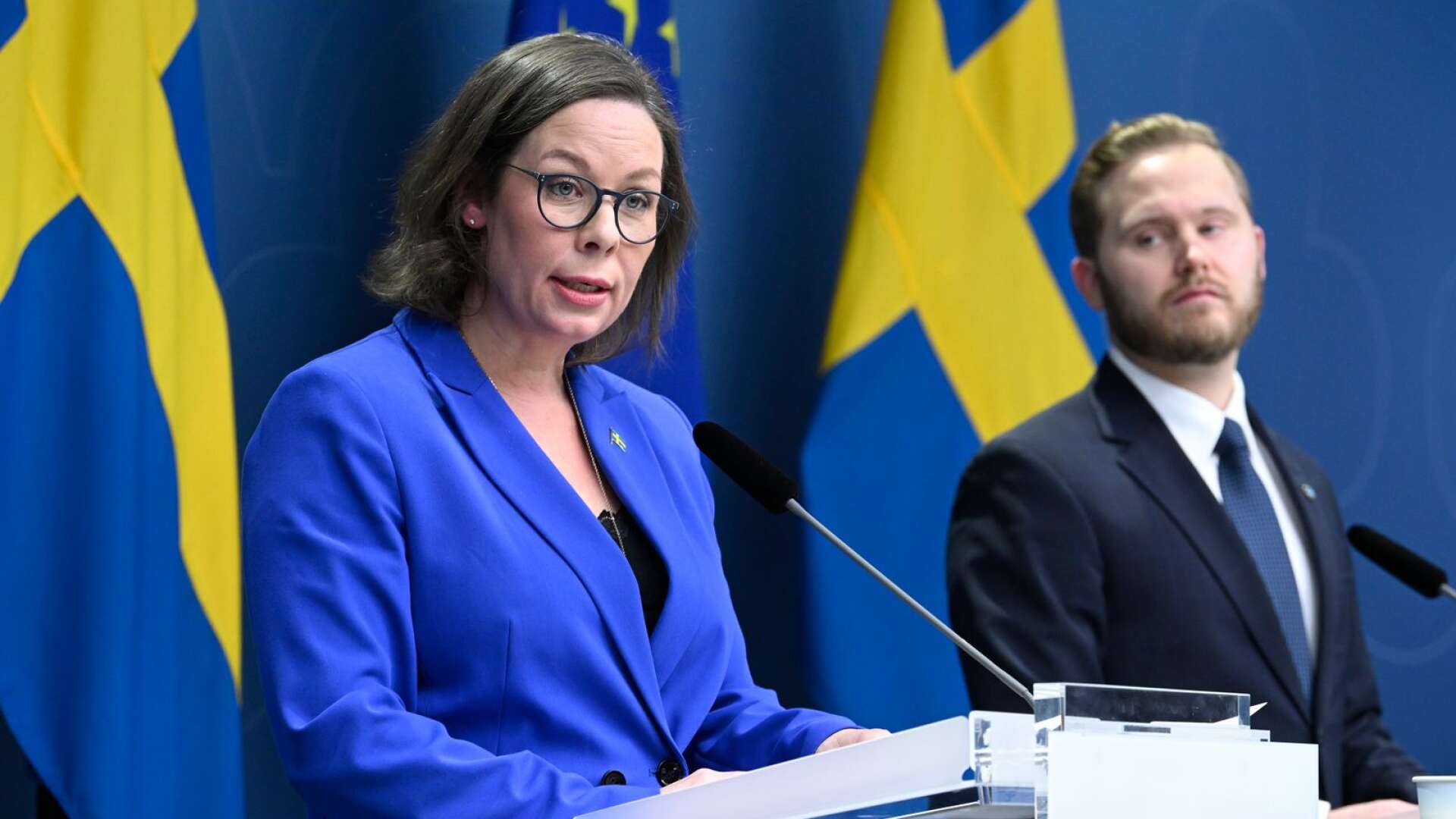 Maria Malmer Stenergard (M) håller pressträff med Henrik Vinge (SD).