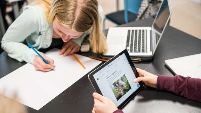 Mellanstadielever årskurs 6 jobbar med att söka via dator i den digitala Nationalencyklopedin tillsammans med manlig lärare i klassrum. Genrebild.