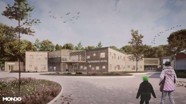 Den här bilden på hur en nybyggd skola i Ekshärad skulle kunna se ut pryder omslaget till den lokalutredning som presenterades på en pressträff på tisdagen.