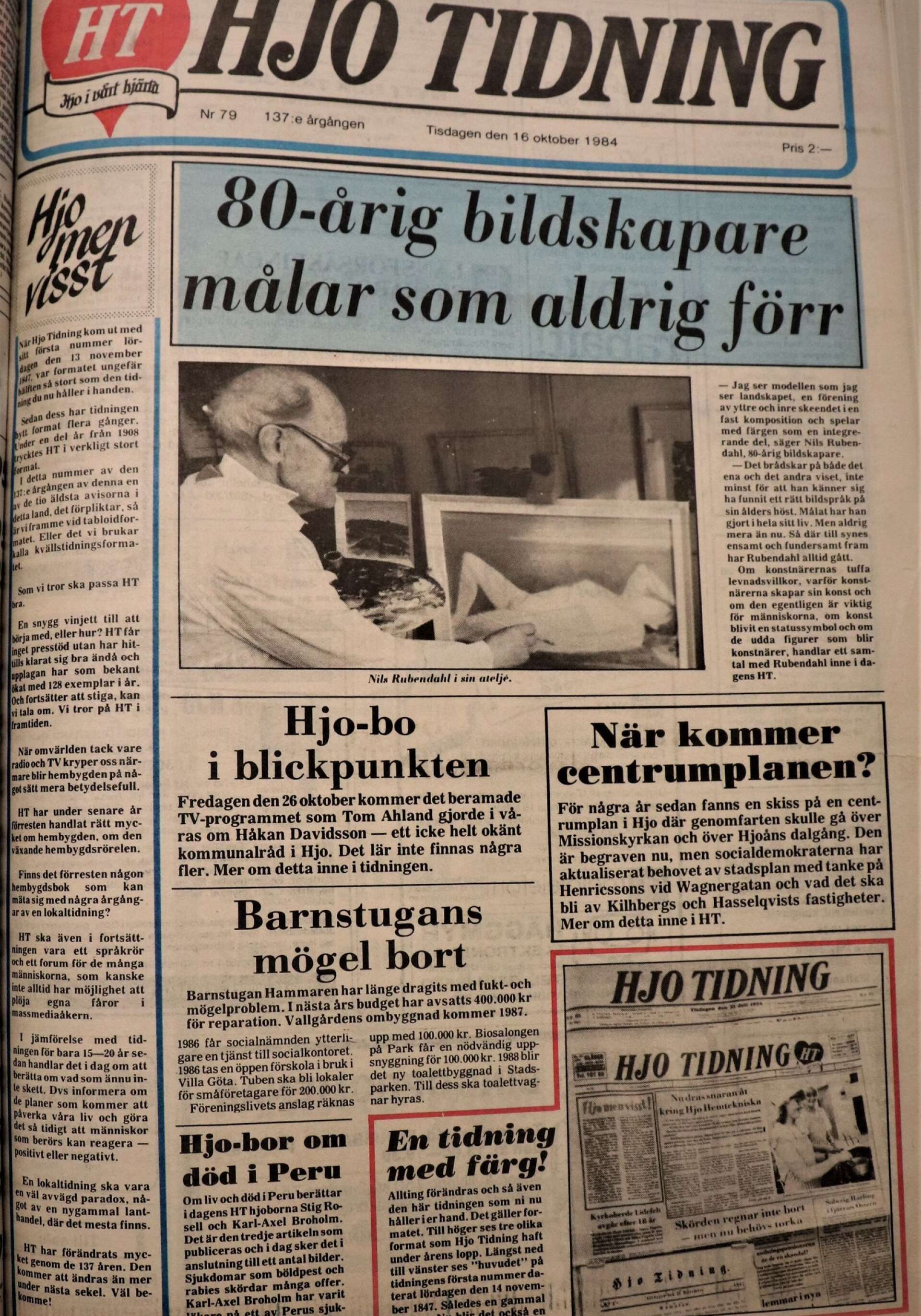 Tisdagen 16 oktober 1984 bytte Hjo Tidning format till tabloid. Tidningen blev hälften så stor och fick färg på vissa sidor.