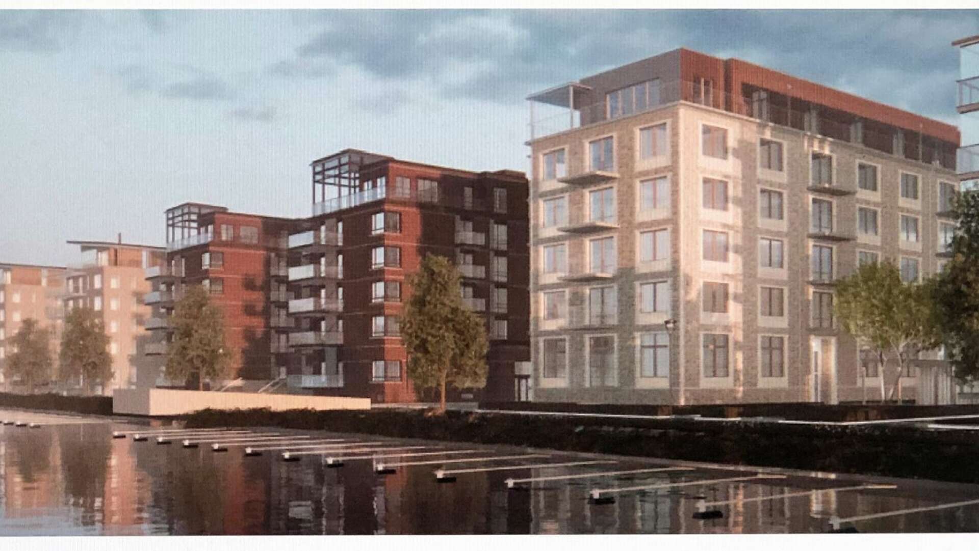 Så här är det tänkt att det nya femvåningshuset på Bryggudden ska se ut. Det får en ljus tegelfasad.