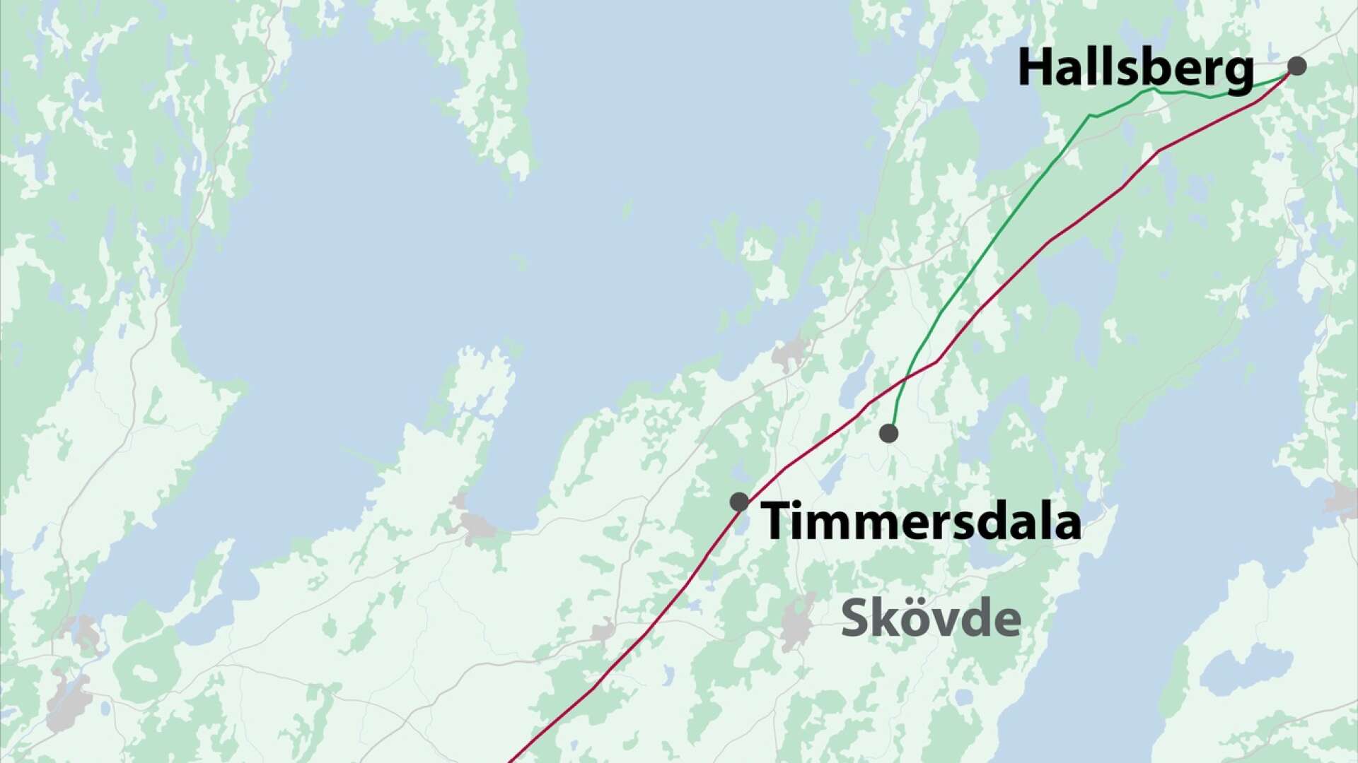 Svenska kraftnät bygger om och ut elnätet i Västsverige. Den röda linjen är en befintlig 400-kilovoltsledning som nu ska uppdateras, den gröna en 220-kilovoltsledning. Nu planeras för ytterligare en 400 kV-ledning från Hallsberg till Timmersdala. 