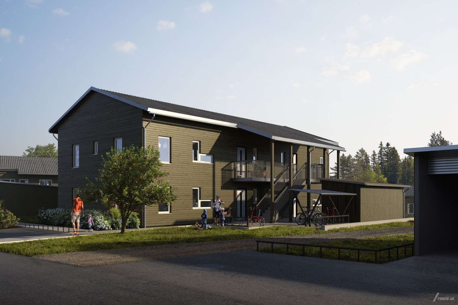 Riksbyggen bygger två etapper med sammanlagt 72 bostadsrätter på Hammarö. Så här ska husen i den första etappen se ut. Illustration: Tomorrow